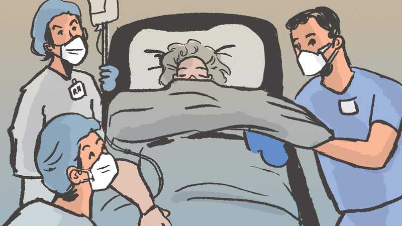 An illustration of nurses tending to a patient.