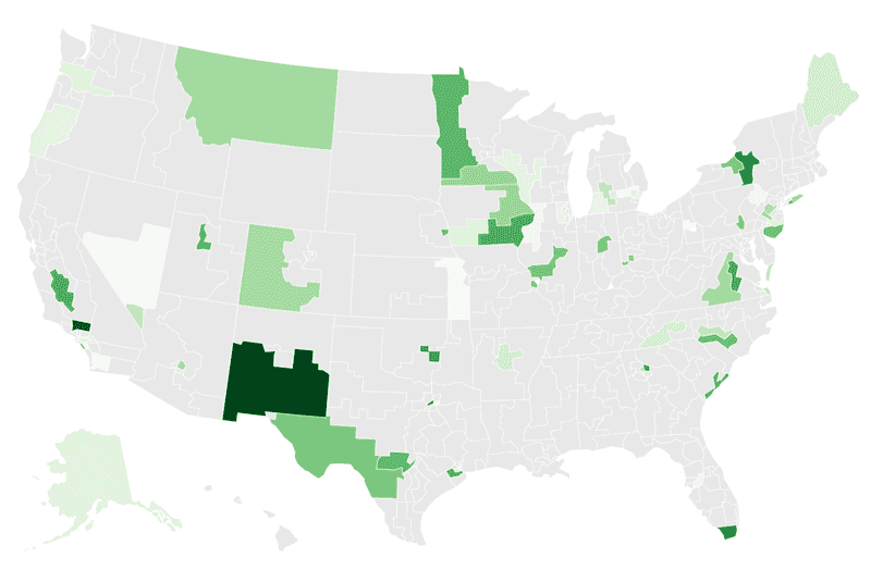A choropleth map of United States by congressional district showing that outside spending exceeded $1 million in just 66 of 435 districts. The districts are colored based on the amount of outside spending, starting from pale green representing $1 million to a dark green representing $25 million.