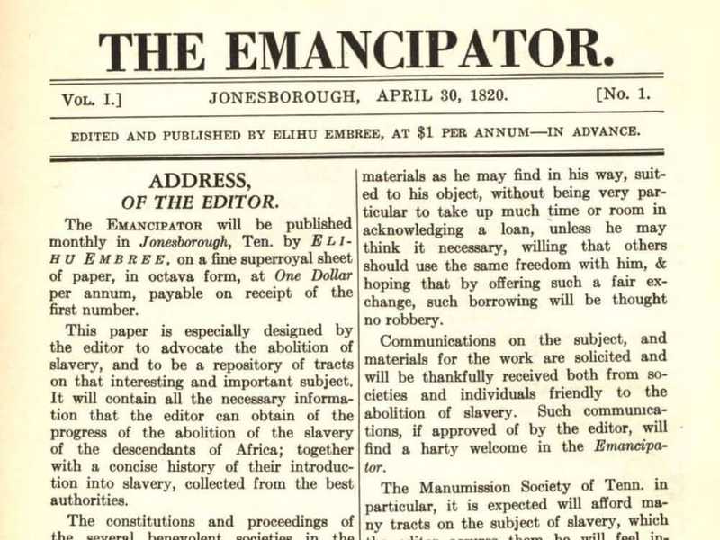 A copy of the first issue of the Emancipator published on April 30, 1820.