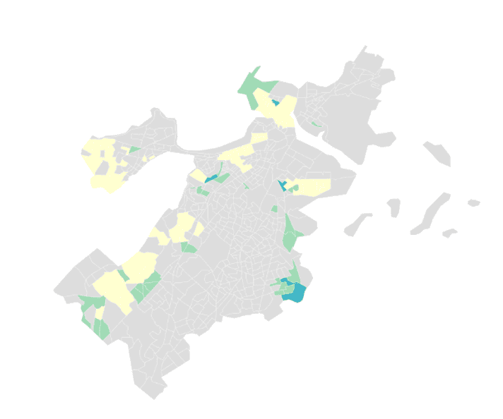 A series of three choropleth maps of Boston by neighborhood showing mobility patterns of predominately white, Black and Latino neighborhoods.