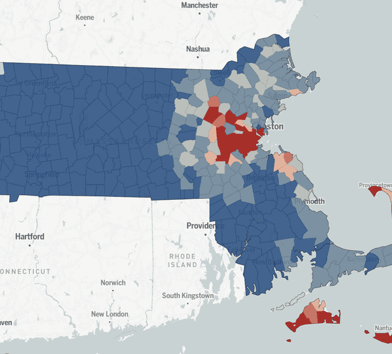 A choropleth map of Greater Boston showing the likelihood to afford a single-family home based on three factors: annual income, interest rate and downpayment. The cities colored in red, which an individual is less likely to afford, are clustered closest to Boston, while the more affordable cities colored in blue are located farther away.