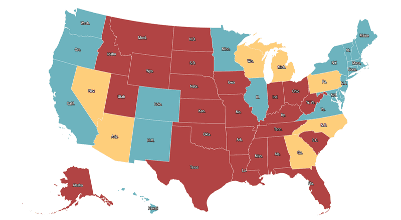 A carousel of three choropleth maps of the United States showing how a small shift in the polls in seven swing states is all it would take to turn a dead heat into a decisive Electoral College victory for either Harris or Trump.