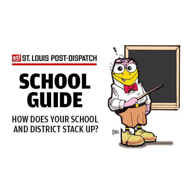 On the left is the St. Louis Post-Dispatch logo. Below the logo is the text, 'School Guide' and the description, 'How does your school and district stack up?'. To the right of the text, the Weatherbird mascot is dressed as a teacher with a white dress shirt, red bow tie and khahi shorts. It has an exclamation mark above its head. It is holding a ruler and pointing to a chalkboard.