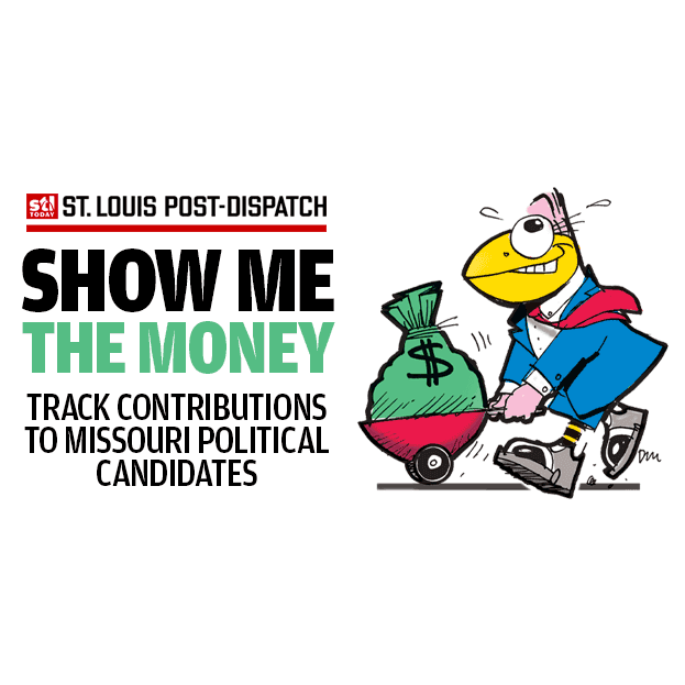 On the left is the St. Louis Post-Dispatch logo. Below the logo is the text, 'Show me the Money' and the description 'Track contributions to Missouri political candidates'. To the right of the text, the Weatherbird mascot has a big grin on its face. It is dressed in a blue suit with a white dress shirt and red tie pushing a red wheelbarrow with a large green sack of money with a dollar sign.