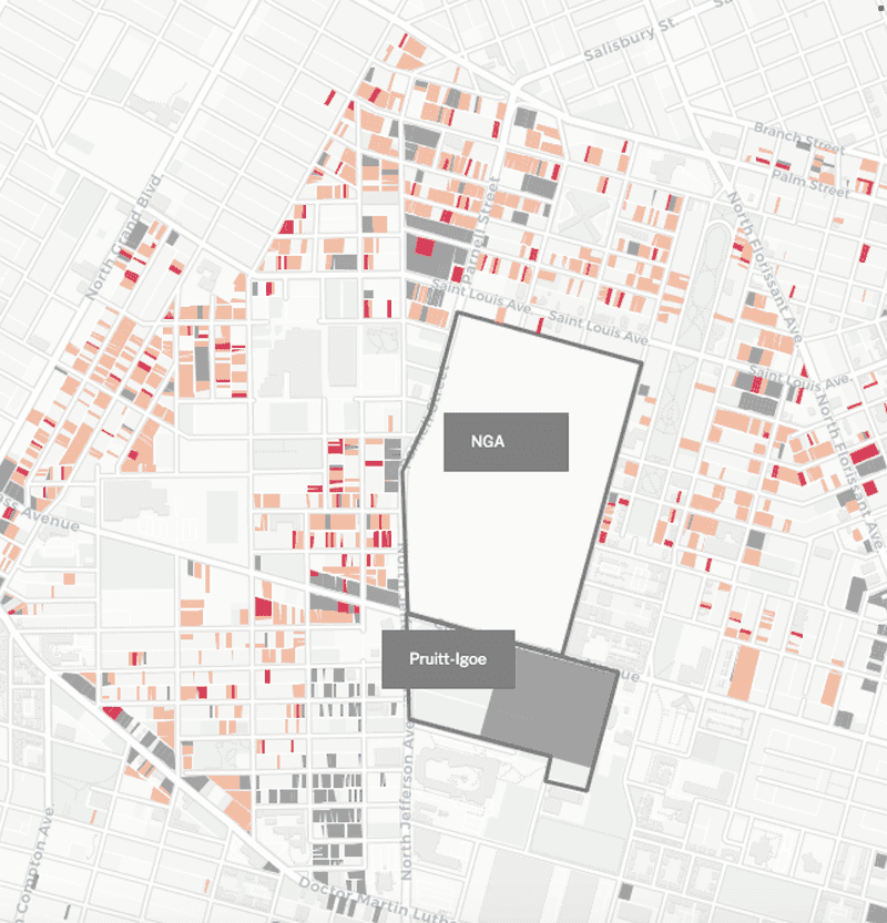 A choropleth map showing over 1,600 properties and more than 200 acres in the neighborhoods surrounding the National Geospatial-Intelligence Agency’s planned western headquarters owned by Paul McKee’s NorthSide Regeneration.