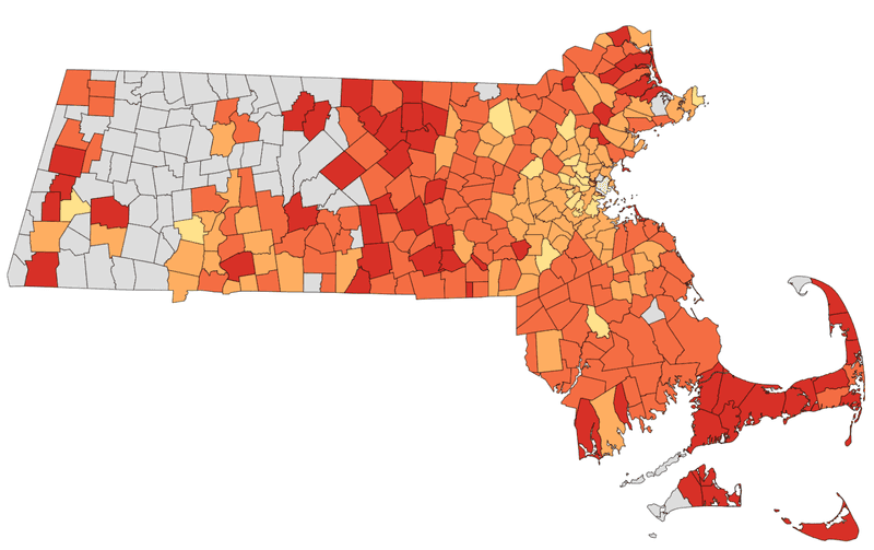 A choropleth map of Massachusetts by town showing where median home prices have risen since 2018. Most of the map is colored yellow, orange or red indicating that prices have only increased in the past five years, with the largest increases happening outside of Greater Boston.