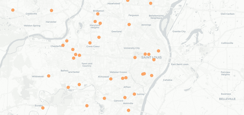 A map of Missouri showing nursing homes in the state where at least one resident or staff member has COVID-19.
