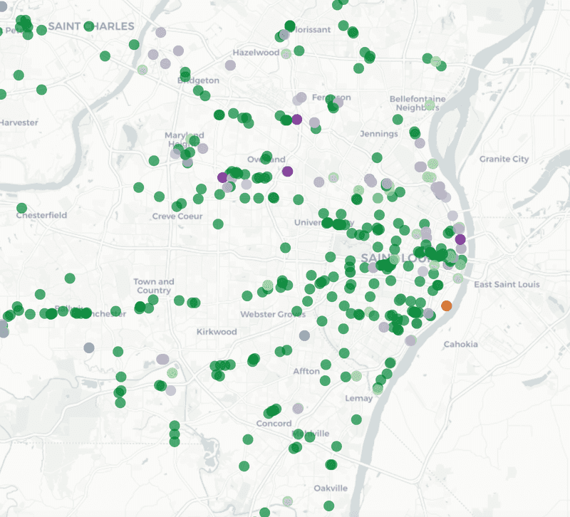 A map of the St. Louis area showing the various businesses that applied to grow, process, test, transport and sell marijuana or marijuana-infused products and where they would open up shop.