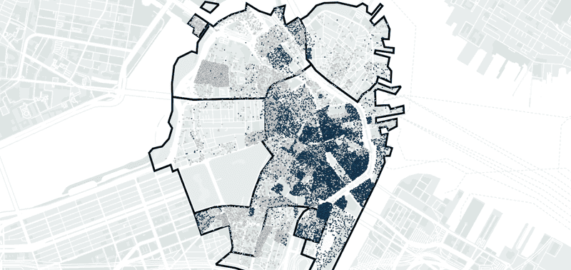 A map of job density in downtown Boston and the surrounding neighborhoods. The dark blue dots show how jobs are clustered in the professional and financial sectors, making the area less economically resilient to the pandemic's aftermath than even nearby parts of the city.