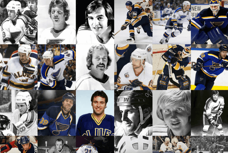 In the top left corner, a dark blue rectangle with the text 'St. Louis Blues Top 50 Players of All Time.' Surrounding the text is a mosaic of photos of past and present St. Louis Blues players.