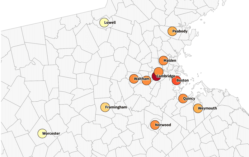A dot map showing cities in the Greater Boston area colored by median cost of a one-bedroom apartment, starting from yellow representing lower rents to dark red representing higher rents.