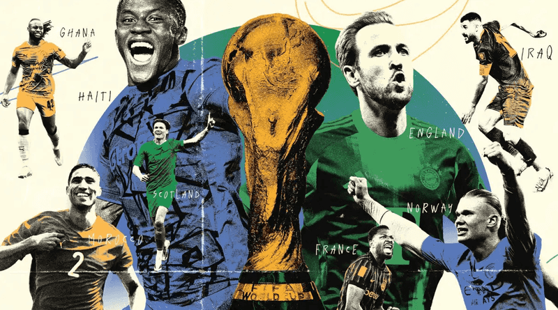 A photo illustration with a beige background and the star players from each of the eight World Cup teams that will play in Boston highlighted in blue, yellow and green by Luis G. Rendon. The gold trophy from the tournament is framed in the center of the image with the players surrounding it.