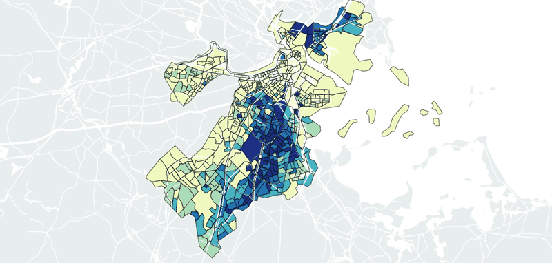 A choropleth map of Boston by neighborhood showing areas of high poverty and joblessness, where residents have little interaction with people from better-off neighborhoods.