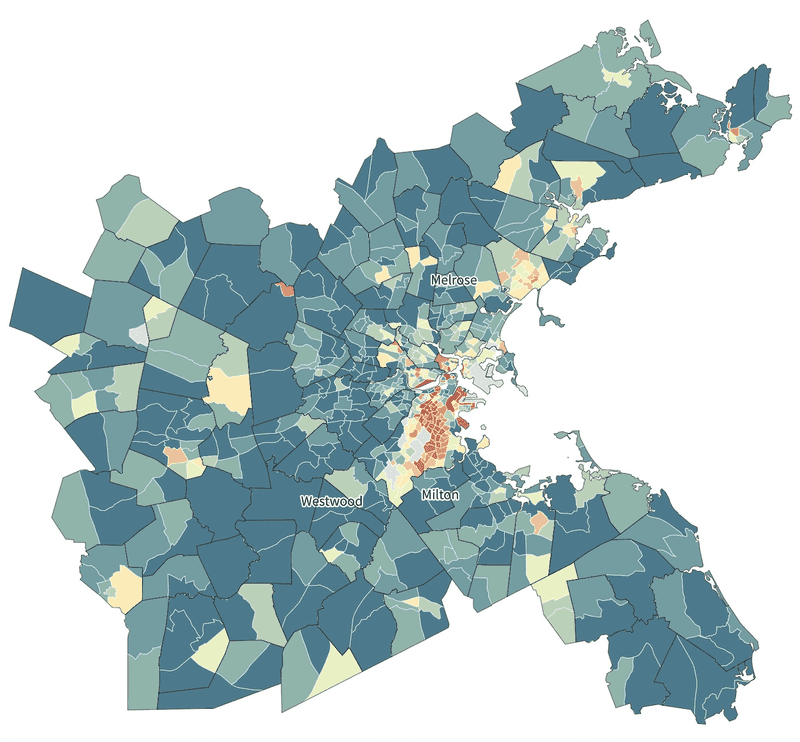 A choropleth map of Greater Boston by census tracts showing how Americans' life trajectories are profoundly influenced by where they grow up.